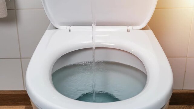 Toilet continuously running, a common household problem, water stream entering the bowl, closeup view of a domestic toilet with open lid