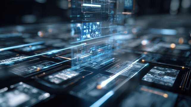 Futuristic Three Dimensional Digital Dashboard Interface With Holographic Data Panels And Connected Network Visualization Technology Display