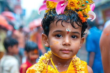 An Indian boy participating in the traditional Ganesh visarjan procession, his spirit of farewell mixed with hope and anticipation for the deity's return next year.