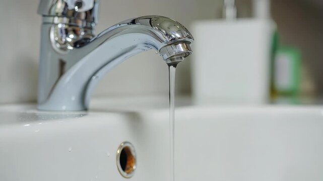 Water flowing from a shiny chrome faucet in a bathroom sink, a wasteful stream trickling away, Running tap in a white bathroom