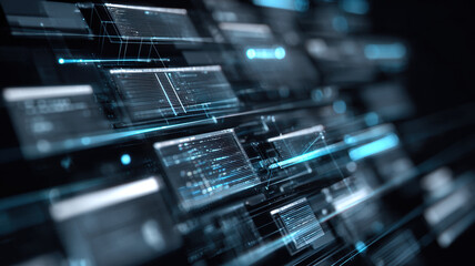 Dynamic Floating Digital Interface Screens With Glowing Blue Transparent Panels In Futuristic Virtual Reality Technology Environment