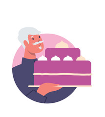 Senior man carrying birthday cake