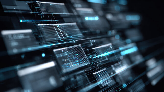 Dynamic Floating Digital Interface Screens With Glowing Blue Transparent Panels In Futuristic Virtual Reality Technology Environment