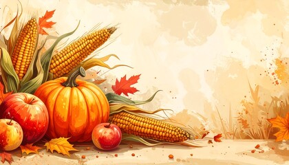 Autumn Harvest Still Life - Pumpkins, Corn, and Apples in Watercolor.