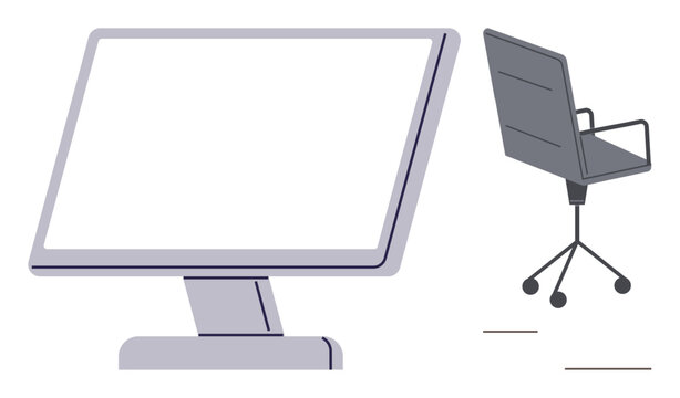 Computer monitor and ergonomic swivel chair representing modern workplace setup. Ideal for office culture, productivity, remote work, technology usage, corporate environment, design, and simplicity