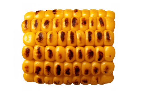 Grilled corn on the cob closeup with kernels showing char marks ready for barbecue or healthy summer meal - Powered by Adobe