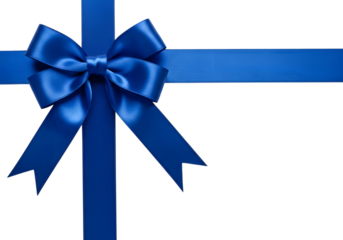 Bright blue satin ribbon tied in a bow with streamers isolated on a transparent background gift