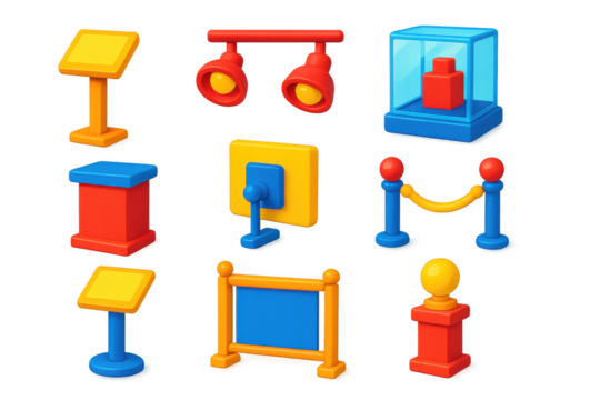 Set of colorful objects, including a sign, a display case, and a barrier