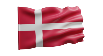 Waving red and white flag with cross design on white background