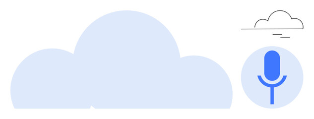 Obraz premium Large blue cloud representing storage, voice microphone for recording, and a smaller cloud icon. Ideal for technology, communication, cloud computing, storage, voice data, accessibility simple flat