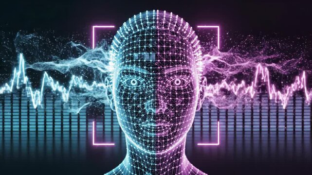Futuristic AI face scan with digital sound waves and data visualization