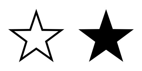 Star icon set. A minimalist illustration featuring a simple star symbol, displayed in both outline and solid filled variations, ideal for various design projects.