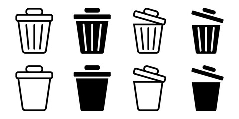 Trash icon set. A collection of simple and minimalist trash can icons, illustrated with different angles and styles, perfect for use as a recycle bin sign in graphic designs.