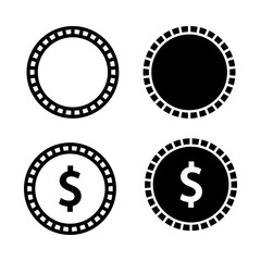 Coin icon set. A set of minimalist style coin illustrations in outline and solid fill with and without dollar sign symbol. These graphic assets are useful for finance, currency, or investment.