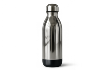 Reusable stainless steel metal water bottle or vacuum flask for daily hydration, isolated on transparent background