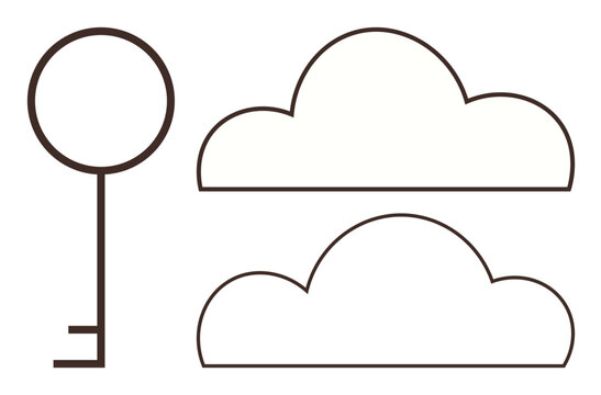 Key next to two cloud outlines symbolizing data access, digital security, and cloud storage. Ideal for technology, security, access, innovation, digital economy, connectivity and simplicity themes