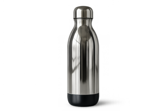 Reusable stainless steel metal water bottle or vacuum flask for daily hydration, isolated on transparent background