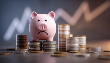 Crisis Depicted: Piggy Bank Downturn Amid Euro Coins Stacks. White Money Box Graph Illustrates Monetary Fall.
