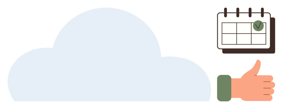 Cloud with a calendar marked with a check and a thumbs-up gesture symbolizing efficiency, approval, and effective planning. Ideal for time management, organization, approval process, technology
