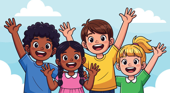 Cheerful diverse children waving hello against a bright blue sky backdrop perfect for back to school ads educational materials and happy childhood memories, Generative AI.