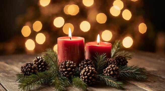 Escena navide&ntilde;a &iacute;ntima y c&aacute;lida con un enfoque en el primer plano. En una superficie de madera r&uacute;stica y envejecida se destacan velas de pilar de color rojo intenso encendidas.