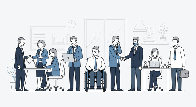 Diverse business team collaborating in modern office handshake laptop wheelchair teamwork inclusivity corporate vision professional setting, Generative AI.