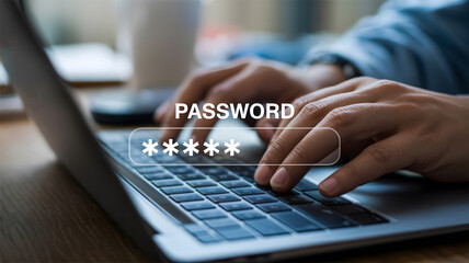 Hands typing password into a virtual field on a laptop keyboard for data security and login