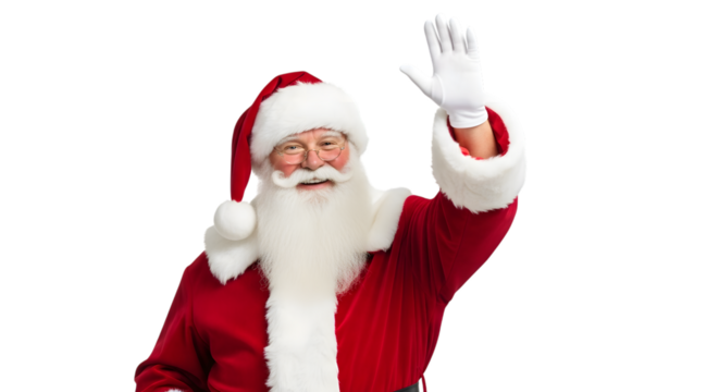 Cheerful Santa Claus wearing red suit and white gloves waving hello isolated on a transparent background