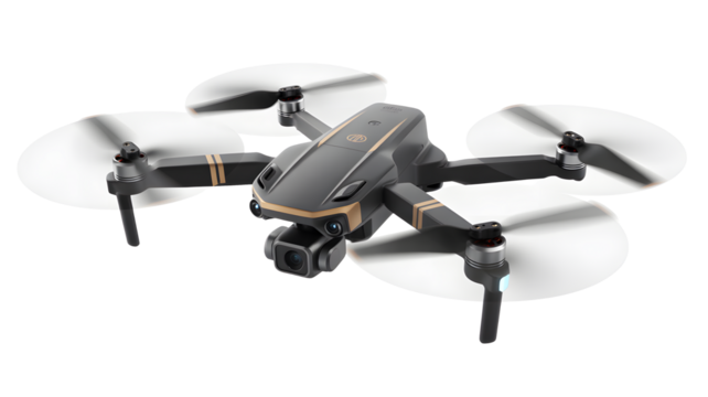 A modern gray drone with gold accents is shown hovering mid-air with its propellers spinning.