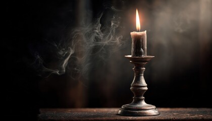 Mysterious Smoke Surrounds Antique Candlestick: The Dark Night Of Secrets And Halloween Occult Rituals With Witches And Wizards.