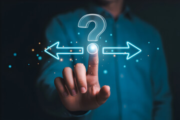 Man touches glowing question mark with neon arrows pointing two ways for decision making concept
