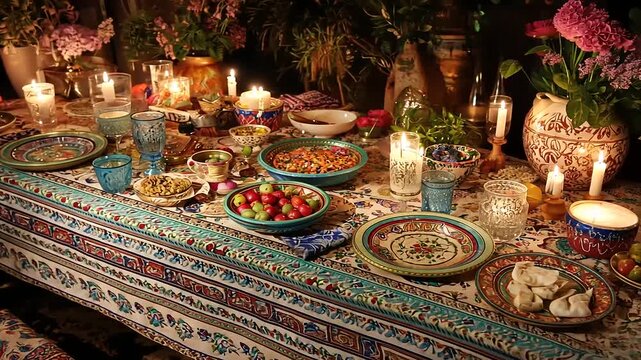 A beautifully laid Persian Nowruz table setting adorned with candles, food and flowers, reflecting