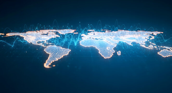 Vibrant digital world map adorned with dynamic blue wave patterns, illustrating the interconnectedness of global technology, data streams, and innovative communication networks