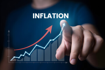 Man points at glowing graph showing rising line and red arrow illustrating increasing inflation