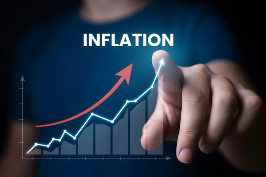 Man points at glowing graph showing rising line and red arrow illustrating increasing inflation