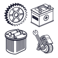 Illustration of automotive parts isolated on the image features a gear, a car battery, an oil filter, and a wrench, representing essential components for vehicle maintenance and repair