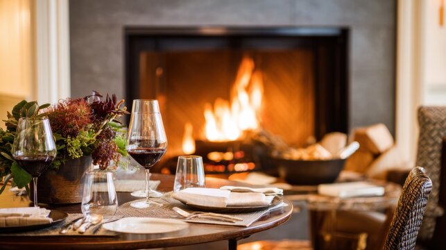 Cozy Dinner Setting With Wine by a Warm Fireplace in an Intimate Dining Space - Powered by Adobe