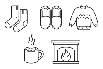 Cozy winter essentials including socks, slippers, sweater, hot drink, and fireplace.
