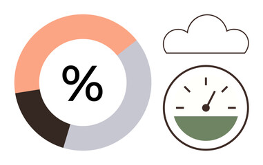 Pie chart with percentage symbol, speedometer gauge displaying range, cloud above meter. Ideal for analytics, performance metrics, progress tracking, planning, forecasting, evaluation simple flat