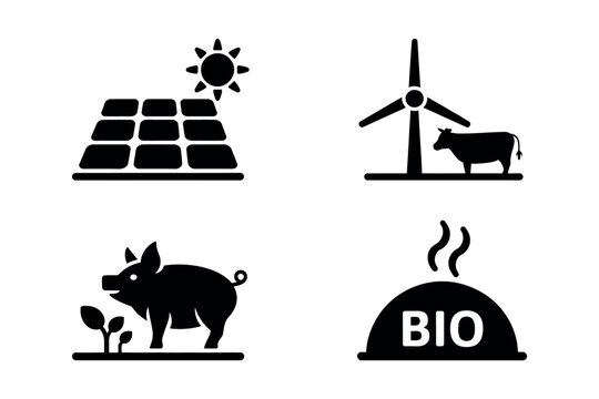 Icons depict renewable energy, livestock farming, and organic food production.