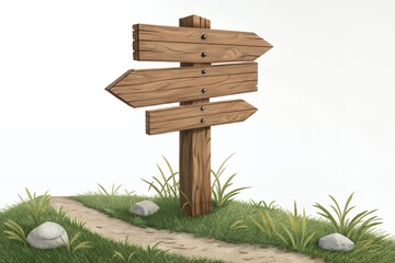 Rustic wooden signpost with directional arrows on a grassy path