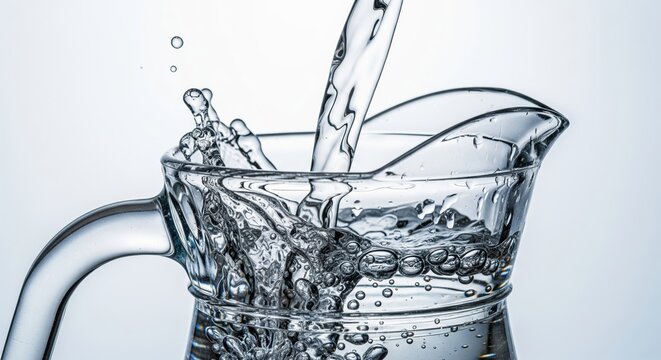 Water Pouring into Glass. focus is on the splash, movement, and bubbles of the liquid. should convey freshness, purity, hydration, health, refreshment, and the element of water, clean background