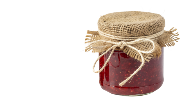 Delicious raspberry jam in glass jar isolated PNG, homemade preserve with burlap cover and twine on transparent background
