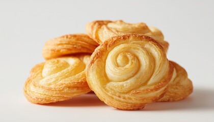 Elegant Golden Palmier Puff Pastry Cookies Pop Against A Pristine White Background In Stunning Display Of Culinary Artistry.