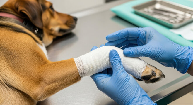 Veterinarian in blue gloves bandaging injured paw of brown dog in vet clinic close up