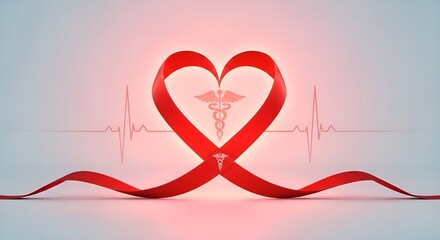 Coração vermelho luminoso formado por fita da conscientização em fundo minimalista clean