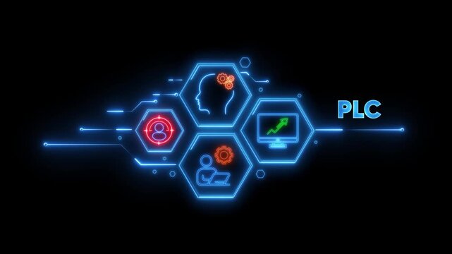 PLC acronym with glowing neon technology icons on black background Keywords: PLC, acronym