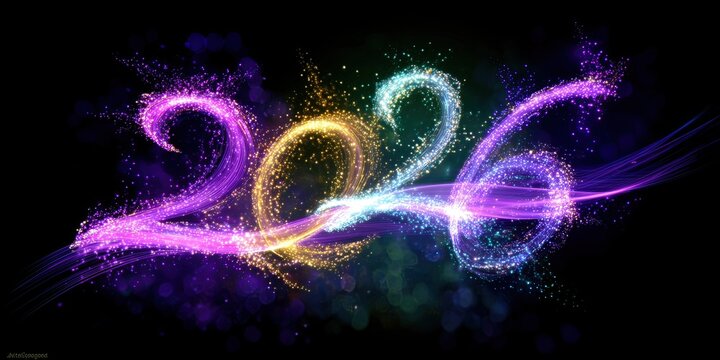 Colorful display of 2026 with vibrant swirls and sparkles creating a festive atmosphere