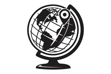 A black globe icon on a stand shows a location with a pin