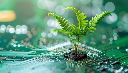 Green Technology - A Fern Growing on a Circuit Board.